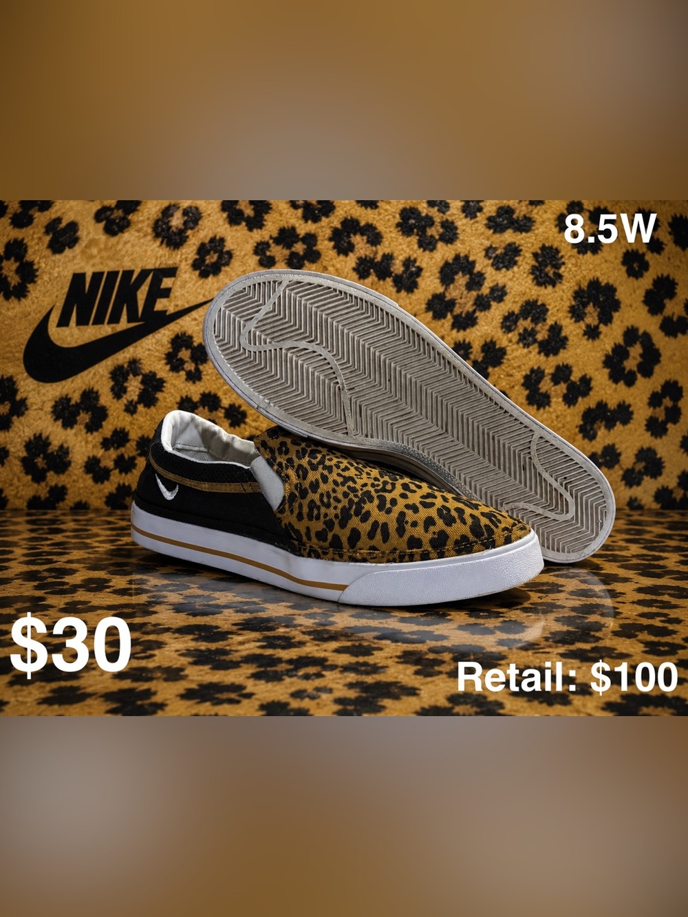 Nike Leopard Print Slip-On Sneakers in Black and Gold